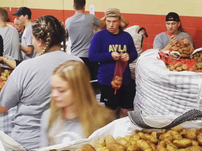Group of young adults, including social work majors, volunteering at a food pantry