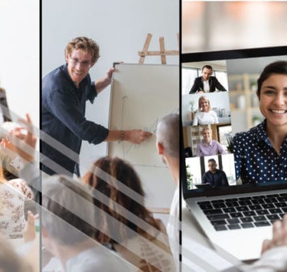 Photo collage showing three different size workshops available - large conference, smaller team, and virtual meetings